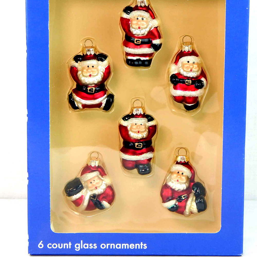 6 Jolly Santa Claus Glass Christmas Ornaments NIB
